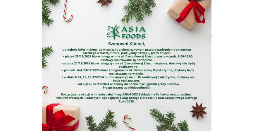 OGŁOSZENIE I ZMIANIE DAT I GODZIN PRACY W OKRESIE ŚWIĄT BOŻEGO NARODZENIA