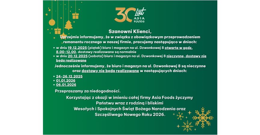 OGŁOSZENIE I ZMIANIE DAT I GODZIN PRACY W OKRESIE ŚWIĄT BOŻEGO NARODZENIA 2025